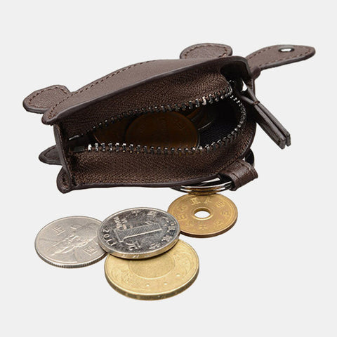 Women Genuine Leather Cowhide Cute Cartoon Turtle Pattern Storage Bag Coin Keychain