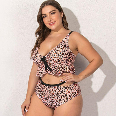 Stylish Women's Leopard Print Bikini With Lotus Lace Plus Size 2 Piece Set