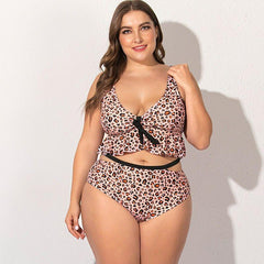 Stylish Women's Leopard Print Bikini With Lotus Lace Plus Size 2 Piece Set