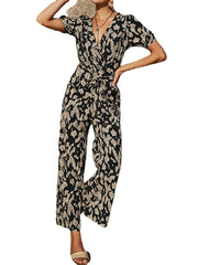 Casual Leopard Print V-neck Knotted Short Sleeve Jumpsuits For Women