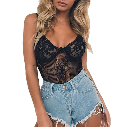 Sexy Floral Embroidery Hollow Out Bow Tie Sheer Lace Bodysuit For Women