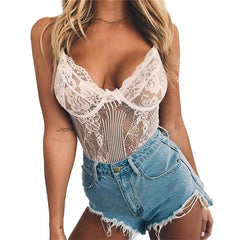 Sexy Floral Embroidery Hollow Out Bow Tie Sheer Lace Bodysuit For Women