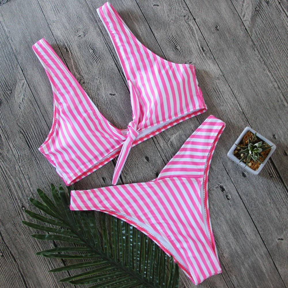 Mulheres Swimsuit Striped Print Bather brasileiro Bikini