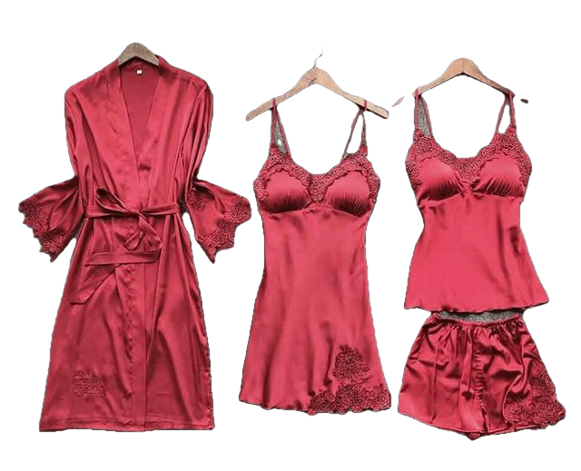 Sexy Women'S Robe & Gown Sets Lace Bathrobe + Night Dress 4 Four Pieces Sleepwear