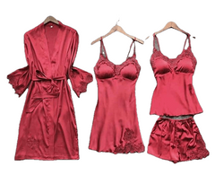 Sexy Women'S Robe & Gown Sets Lace Bathrobe + Night Dress 4 Four Pieces Sleepwear