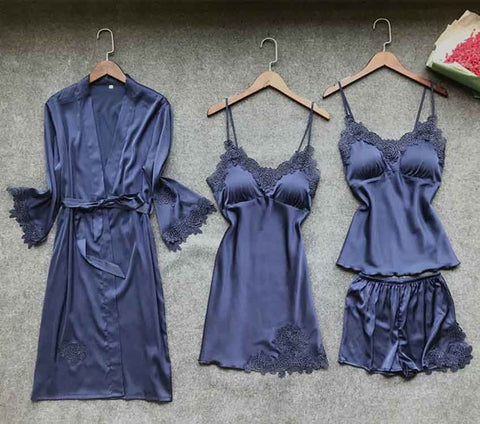 Manto de mulher sexy & vestido estabelecem roupão de banho de cadarço + noite veste-se 4 quatro partes pijama de Sleepwear Womens manto de seda de Faux lingerie de Femme