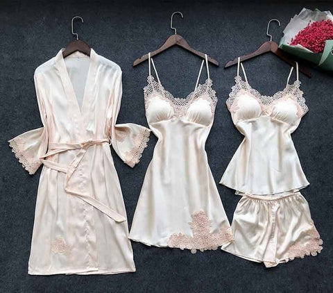 Stylish Sexy Women's Lace Silk Night Dress 4-piece Sets