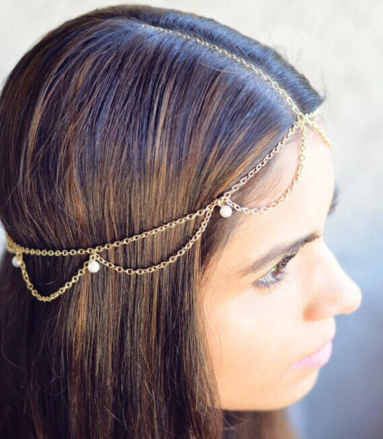 India Bohemian Gold Metal Leaves Tassel Rhinestone Head Chain Hair Jewelry For Women - Sheseelady