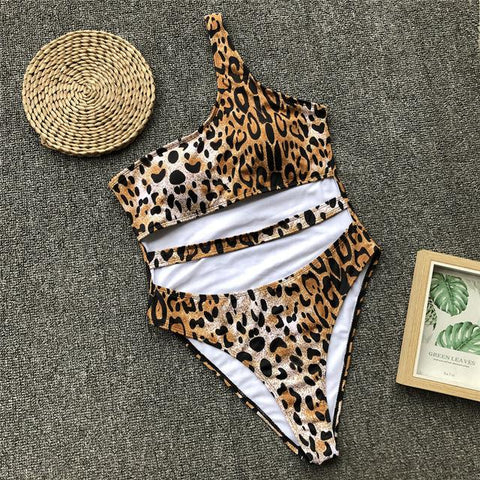 Sexy Leopard High Cut Swimwear One Shoulder Bikini