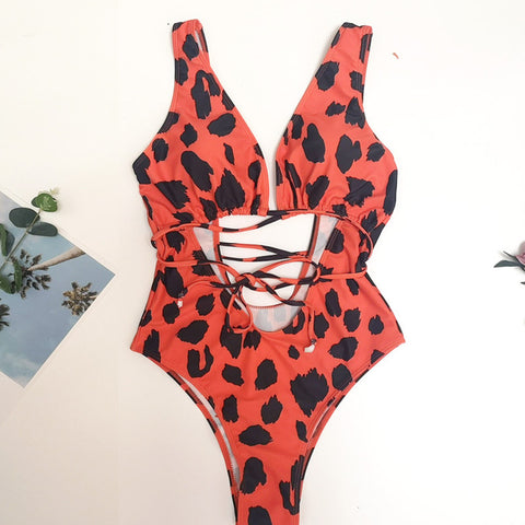 Maillot de bain Red Leopard One Piece Bandage Sexy Bikini