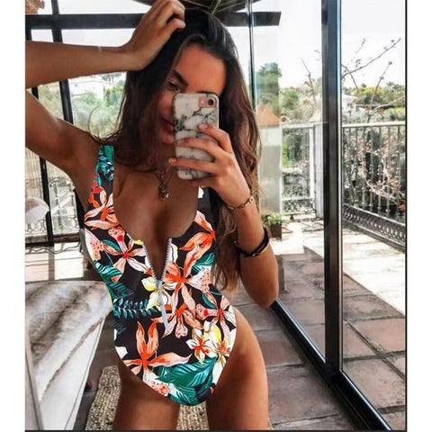 Hot Ladies' Zippered Push Up Bathing Suit With Striped Dots Print One Piece