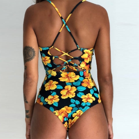Sexy One Piece Swimsuit Print Bodysuit Crochet Bandge Bikini