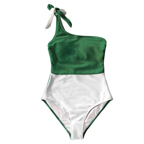 Women Swimsuit Tied Bow Beach Bathing Green and White Colorblock