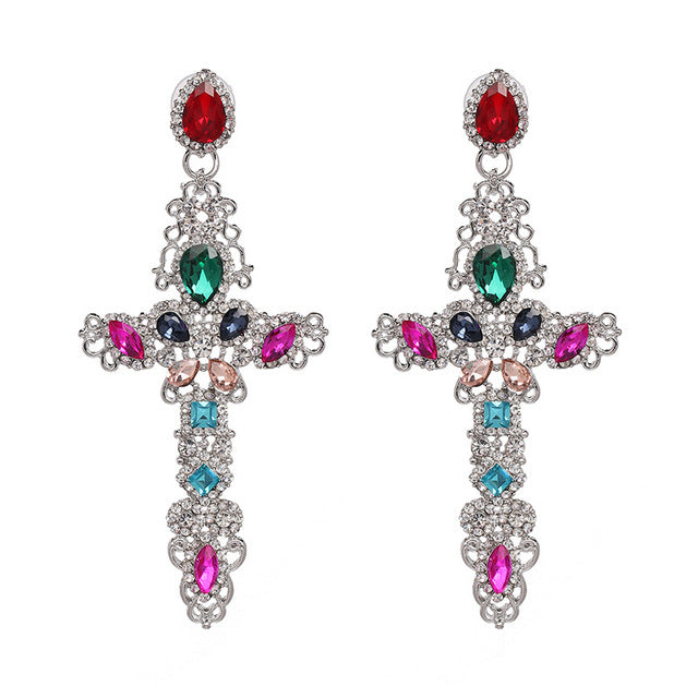 Brincos de gota vintage Boho Crystal Cross para mulheres Barroco Bohemian grandes brincos longos joias Brincos