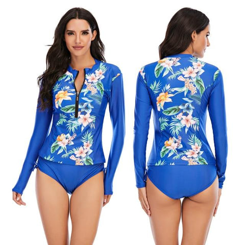Fashionable Women's Zippered Long Sleeve Floral Print Swimsuit Two Pieces