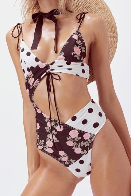 Trendy Hot Girls' Lace Up Swimsuit With Floral Black Dot Pattern One Piece