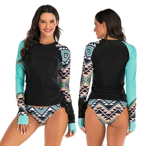 Stylish Ladies' Split Rash Guards With Long Sleeve & Shirt Thong Two Pieces
