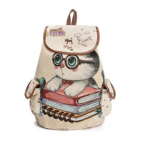 Lovely Cat Printed Canvas School Backpack For Teenager - Sheseelady