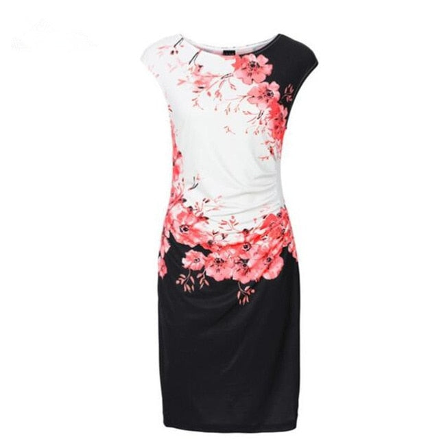Fashion Sleeveless Print Slim Bodycon Midi Office Dress - Sheseelady