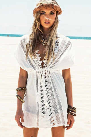 Sexy Fashionable Ladies' White Lace-up Crochet Beachwear Cover-ups