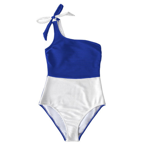 Women Swimsuit Tied Bow Beach Bathing Green and White Colorblock