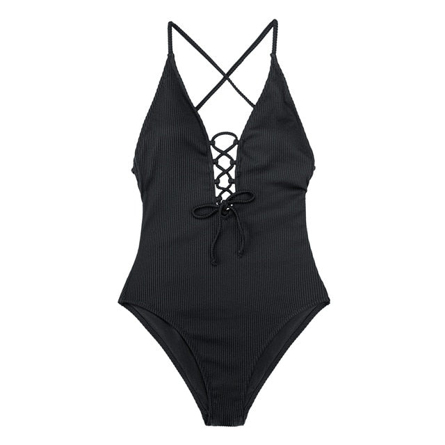 Sexy Women's Deep V-neck Backless Lace Up Swimsuit For Beach Bathing