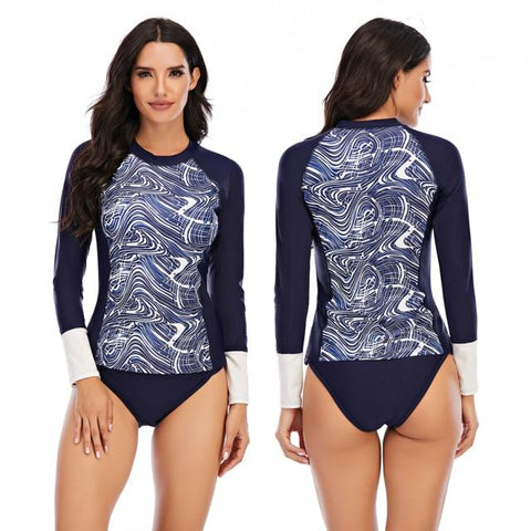 Fashionable Women's Zippered Long Sleeve Floral Print Swimsuit Two Pieces