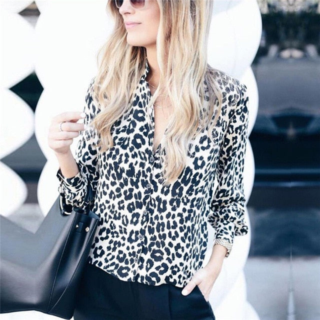 Leopard Fashion Long Sleeve V Neck Shirt& Blouse - Sheseelady