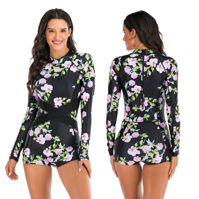 Fashionable Women's Long Sleeve Print Floral Rash Guard One Piece