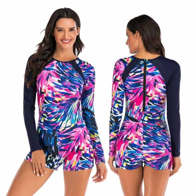 Fashionable Women's Long Sleeve Print Floral Rash Guard One Piece