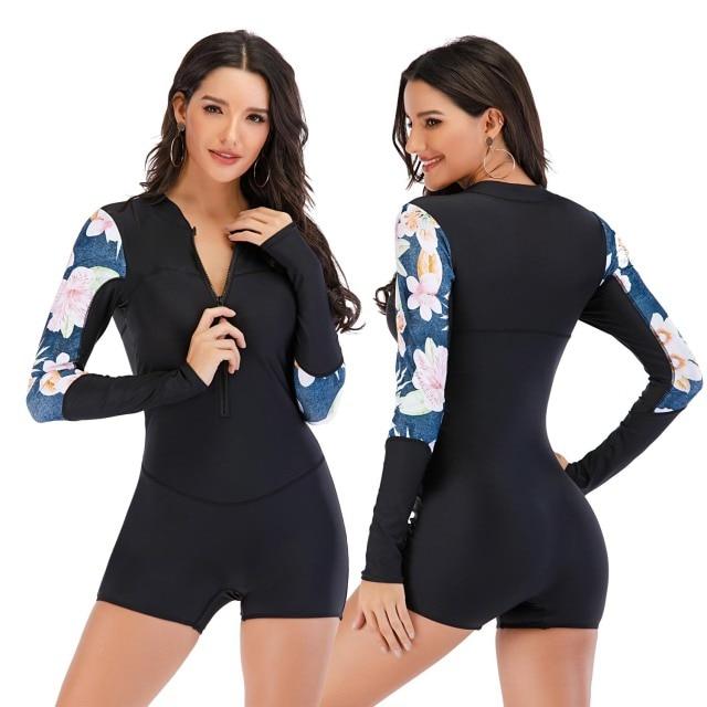 Fashionable Women's Long Sleeve Print Floral Rash Guard One Piece