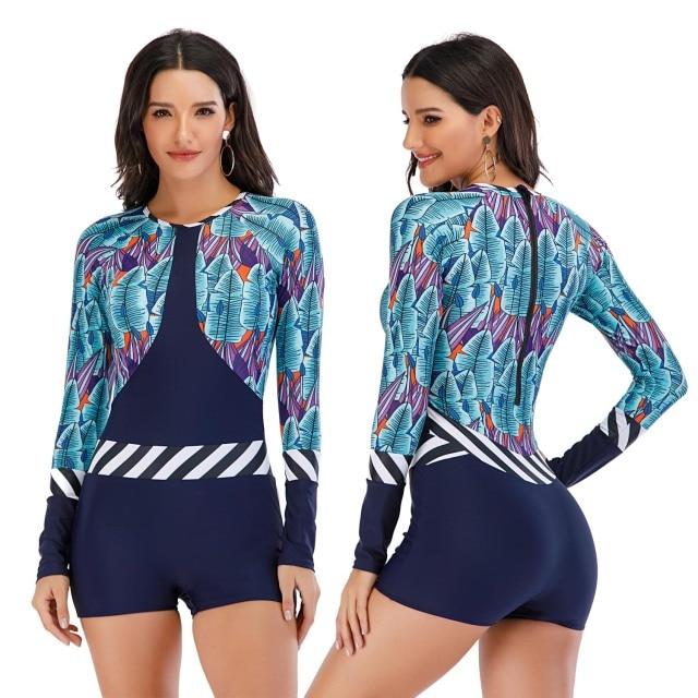 Fashionable Women's Long Sleeve Print Floral Rash Guard One Piece