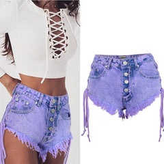 Highwaisted Mini Jeans Shorts Women Both Side Tie Mini Short Sexy Denim Shorts Jeans - Sheseelady