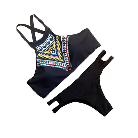 Conjunto de biquíni feminino acolchoado push-up feminino maiô Swim Beach Wear estampado bandagem novo biquíni alto pescoço monokini