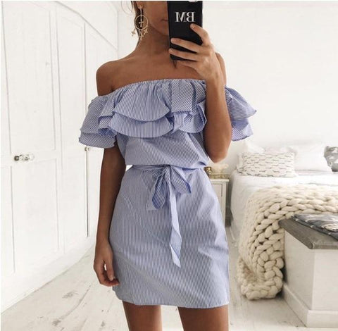 Summer Casual Sexy Ruffle Collar Off-the-shoulder A-Line Stripe Print Lace-up Sundress