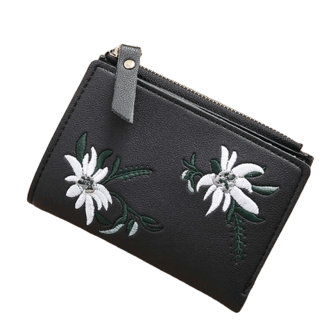 Chic Naivety Floral Embroidery Full Flap PU Short Wallet For Female