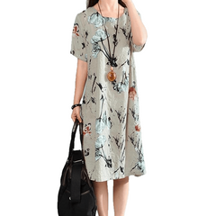 Ladies Short Sleeve Casual Floral Linho Midi Vestidos