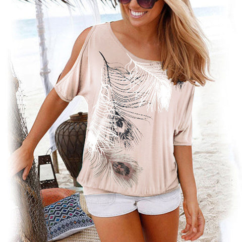 Summer Casual Women's O-neck Loose Cold Shoulder Tops With Feather Print