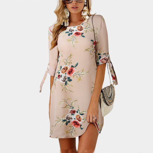 Summer Floral Print Chiffon Tunic Sundress Loose Mini Dress