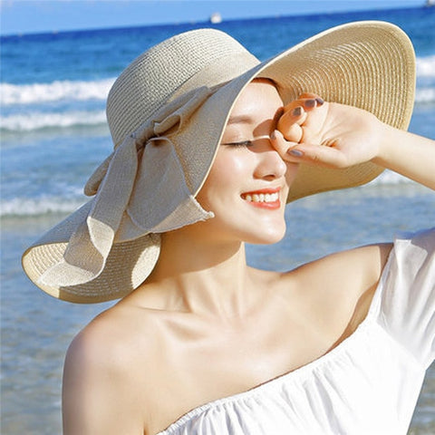 Chapéu de palha de grande aba de verão disque-de-aba larga brim sun cap bowknot beach chapéus dobráveis