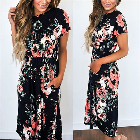 Elegant Trendy Ladies' Floral Print Long Dress With Pocket For Summer Beach