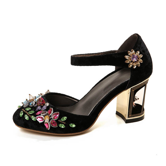 Crystal Flower Mary Janes Women Pumps Shoes Strange High Heels 10Cm Hook & Loop Handmade Rhinestone Wedding Shoes - Sheseelady