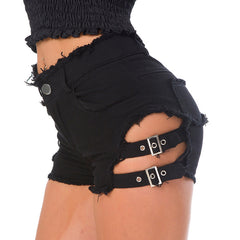 Shorts jeans sexy femininos com bandagem punk rock alta cintura alta