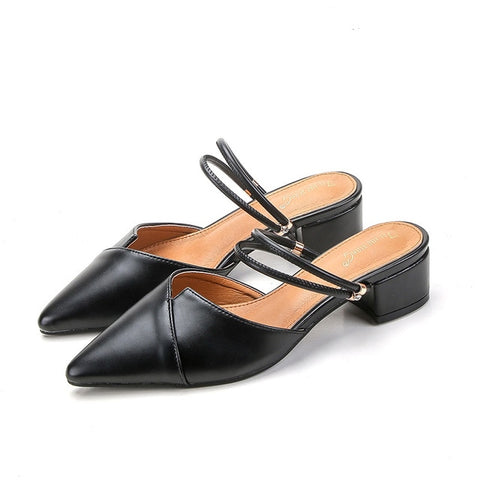 Party Chic Women Mules Slipper Pointed Toe Block Strap Closed Shallow High Heels Shoes Sandals Pumps