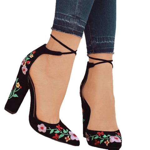 Stylish Sexy Ladies' Ankle Strappy High Heels With Embroidery Pattern