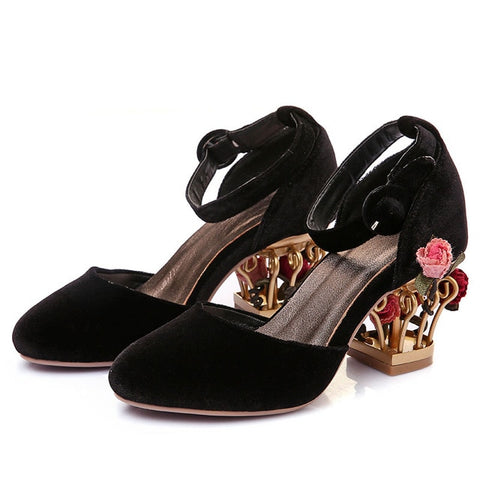 Ankle Strap Buckle Wedding Shoes Women Bird Cage Flower Heel Women'S Genuine Leather Shoes Pumps Velvet - Sheseelady