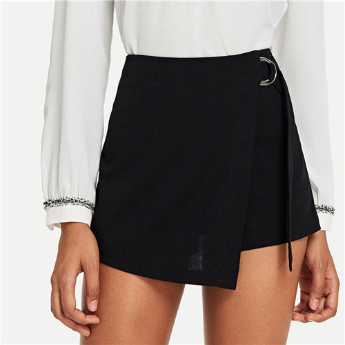 Black Elegant Office Lady Wrap Solid Knot Zipper Mid Waist Fly Solid Shorts Summer Autumn Highstreet Women Shorts - Sheseelady