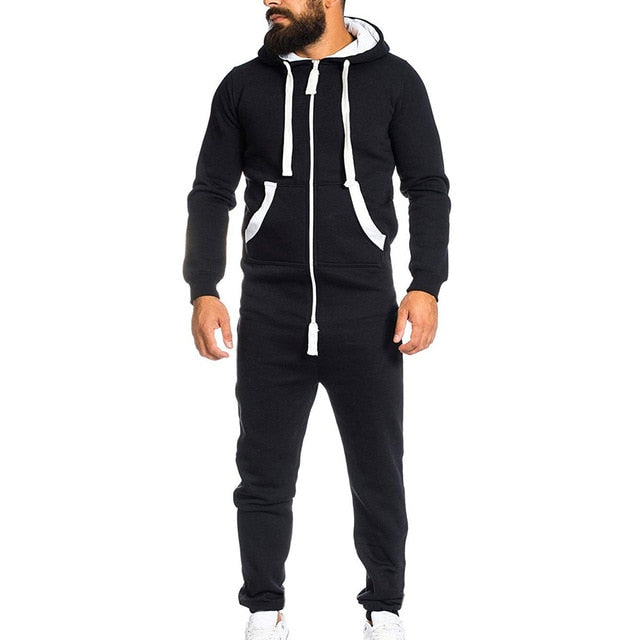 Casual Men's Long Sleeve Non Footed One-Piece Cotton Pajamas With Hood