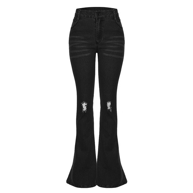 Female Hole Mid Waist Stretch Slim Flare Jeans - Sheseelady