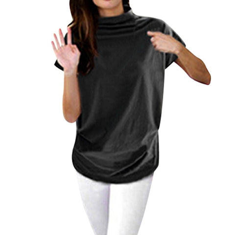 Mulheres Casual Turtleneck Short Sleeve Cotton Solid Blouse